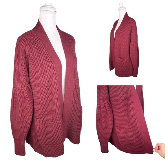 Anthropologie Knotted Knotted wine open cardigan sweater chunky knit pocket long - Picture 1 of 16
